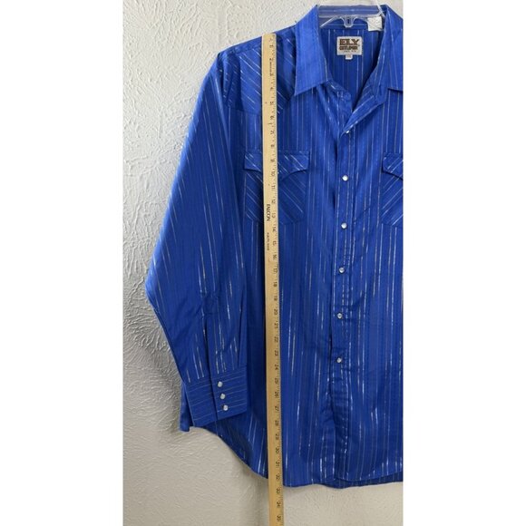 Ely Cattleman XXL Blue Metallic Stripe Pearl Snap Shirt  Dry-cleaned EUC - Picture 2 of 9